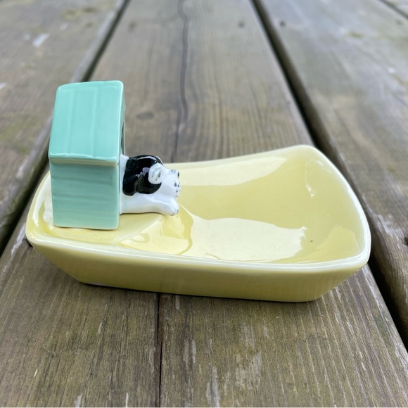 Dog in Green Doghouse Yellow Ceramic Trinket Dish - Picture 7 of 11